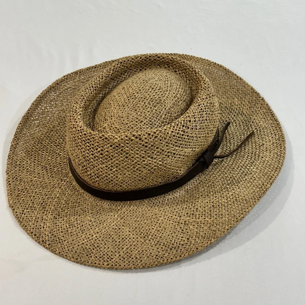 Stetson Straw Sun Hat Women Tan Wide Brim Boater Fedora Leather Band Summer